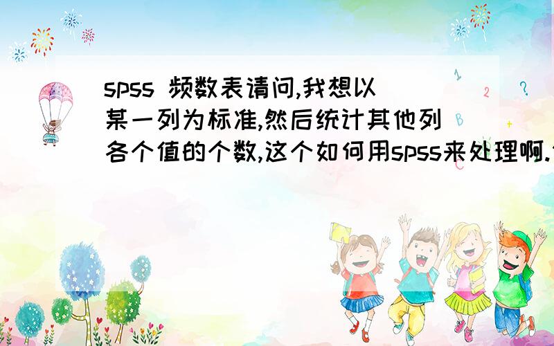 spss 频数表请问,我想以某一列为标准,然后统计其他列各个值的个数,这个如何用spss来处理啊.例如：我想以列v42为标准,列v42中有0,1两个值,列v1中有值0.1,0.2,0.3,如何统计出v1中0.1且v42中为0,v1中0.