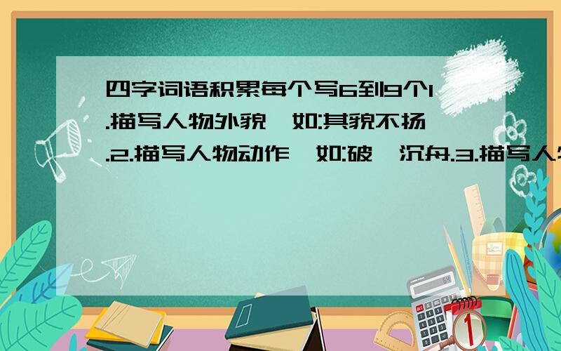 四字词语积累每个写6到9个1.描写人物外貌,如:其貌不扬.2.描写人物动作,如:破釜沉舟.3.描写人物神态,如:鬼鬼祟祟.4.描写人物心情,如:发奋图强.5.描写英雄人物,如:天将下凡.6.带有