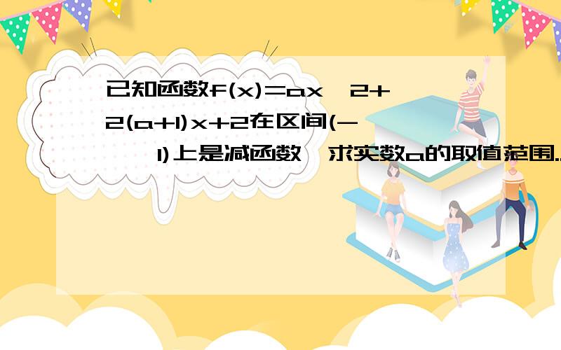 已知函数f(x)=ax^2+2(a+1)x+2在区间(-∞,1)上是减函数,求实数a的取值范围..现在就要已知函数f(x)=ax^2+2(a+1)x+2在区间(-∞,1)上是减函数,求实数a的取值范围..现在等!对不起,已知函数f(x)=ax^2+2(a-1)x+2在