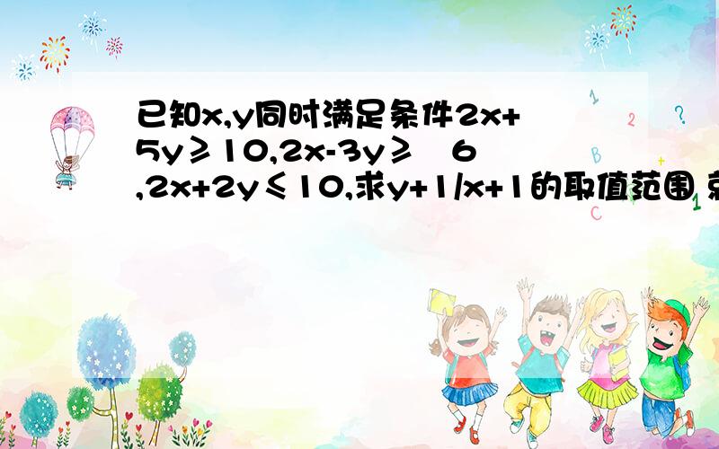 已知x,y同时满足条件2x+5y≥10,2x-3y≥﹣6,2x+2y≤10,求y+1/x+1的取值范围 就要结果