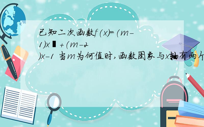 已知二次函数f(x)=(m-1)x²+(m-2)x-1 当m为何值时,函数图象与x轴有两个交点?