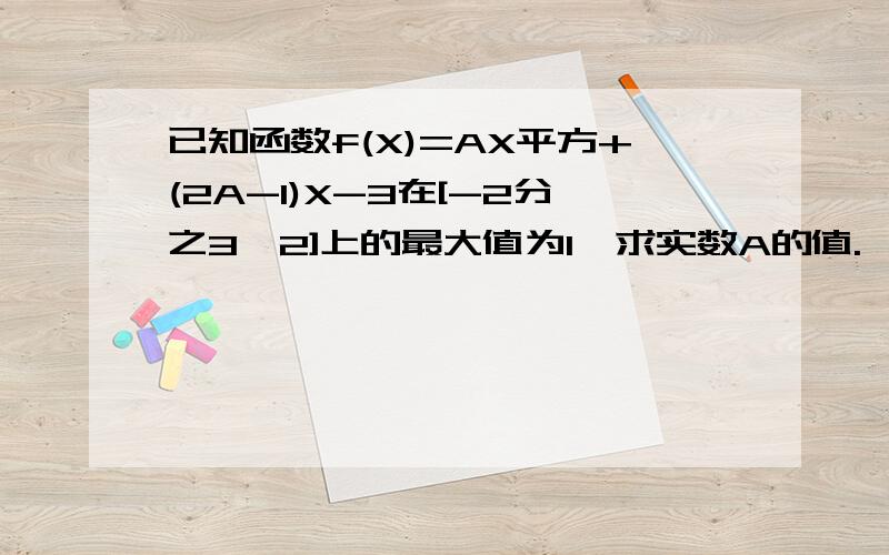 已知函数f(X)=AX平方+(2A-1)X-3在[-2分之3,2]上的最大值为1,求实数A的值.