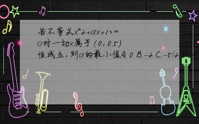 若不等式x^2+ax+1>=o对一切x属于(0,0.5)恒成立,则a的最小值A 0 B.-2 C.-5/2 D-3