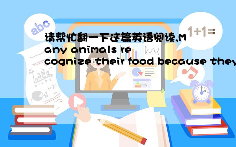 请帮忙翻一下这篇英语阅读,Many animals recognize their food because they see it.So do humans.When you see an apple or a piece of chocolate you know that these are things you can eat.You can also use other senses when you choose your food.Y