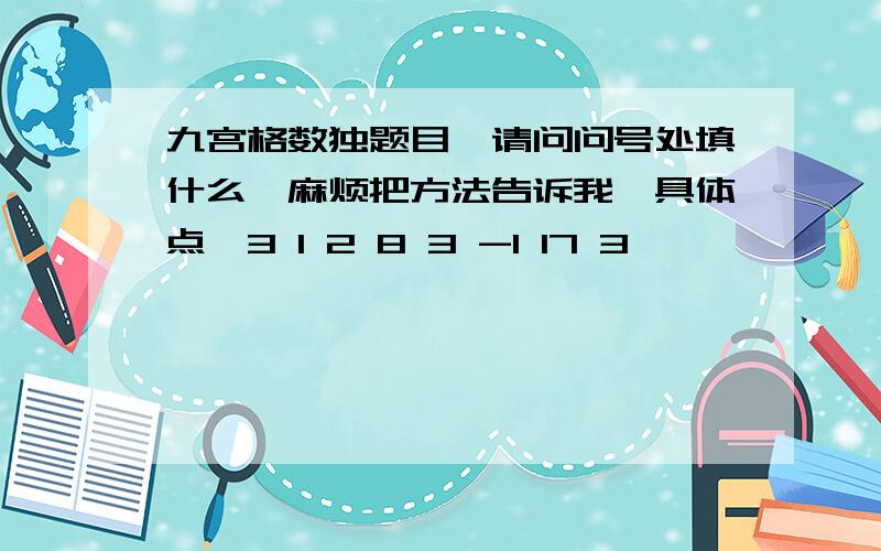 九宫格数独题目,请问问号处填什么,麻烦把方法告诉我,具体点,3 1 2 8 3 -1 17 3