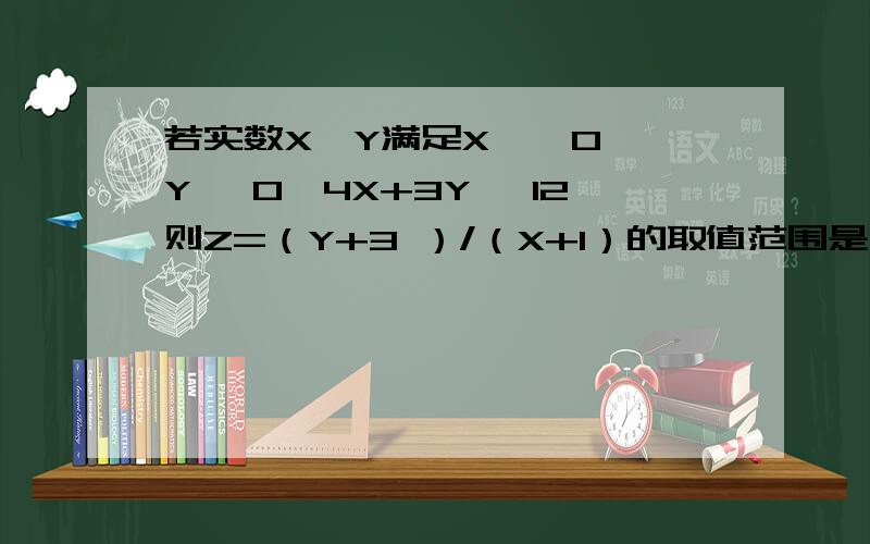 若实数X,Y满足X ≥ 0,Y ≥0,4X+3Y≤ 12则Z=（Y+3 ）/（X+1）的取值范围是（）