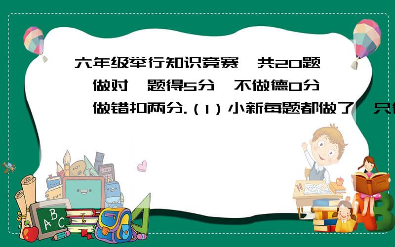 六年级举行知识竞赛,共20题,做对一题得5分,不做德0分,做错扣两分.（1）小新每题都做了,只得了72分,他做错了几道题?（2）小亮得了76分,他做错的题和没做的一样多.小亮对了几题?一定要用方