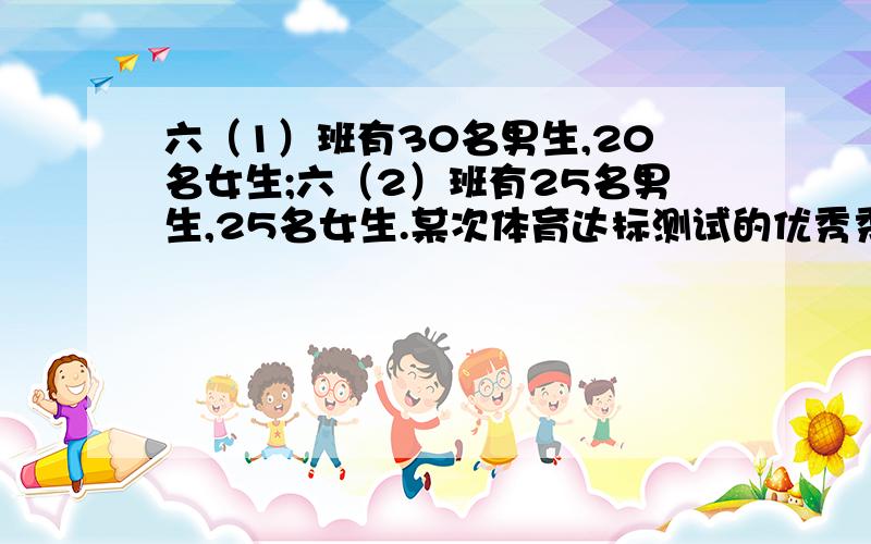 六（1）班有30名男生,20名女生;六（2）班有25名男生,25名女生.某次体育达标测试的优秀秀率如下：六（1)班男生为80%,女生为50%;六（2）班男生为84%,女生为44%.请问：哪一个班的优秀率高?为什么