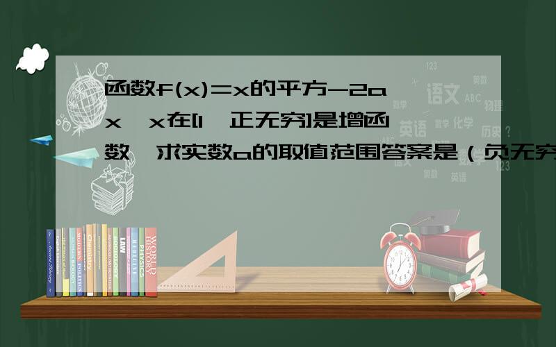 函数f(x)=x的平方-2ax,x在[1,正无穷]是增函数,求实数a的取值范围答案是（负无穷,1],答案的过程是f(x)=x的平方-2ax的对称轴是直线x=a,则a≤1前面的过程都看得懂,我就是不明白为什么知道对称轴是x