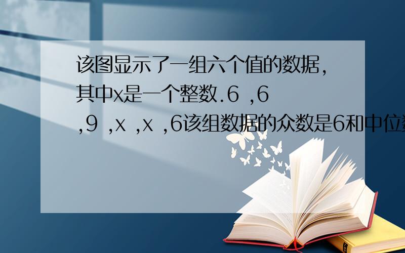 该图显示了一组六个值的数据,其中x是一个整数.6 ,6 ,9 ,x ,x ,6该组数据的众数是6和中位数是7,数据的两个新值7和10被添加到原始数据集.计算数据的这八个值的平均值.