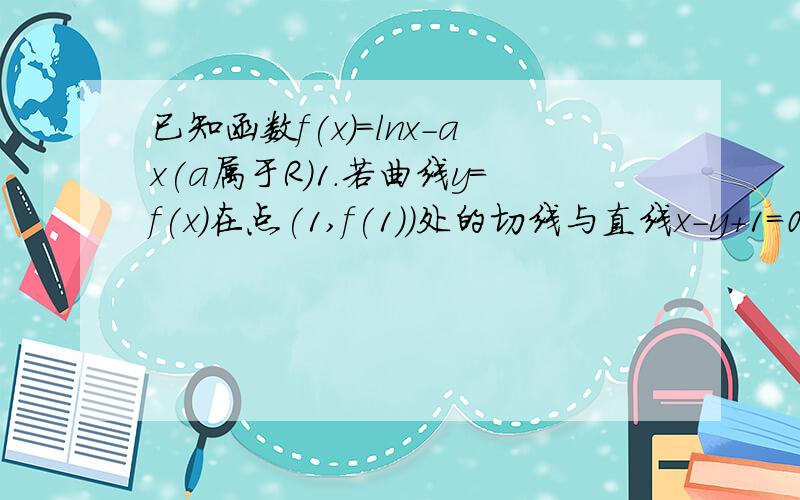 已知函数f(x)=lnx-ax(a属于R)1.若曲线y=f(x)在点(1,f(1))处的切线与直线x-y+1=0垂直,求a的值 2.求f(x)的单调区间