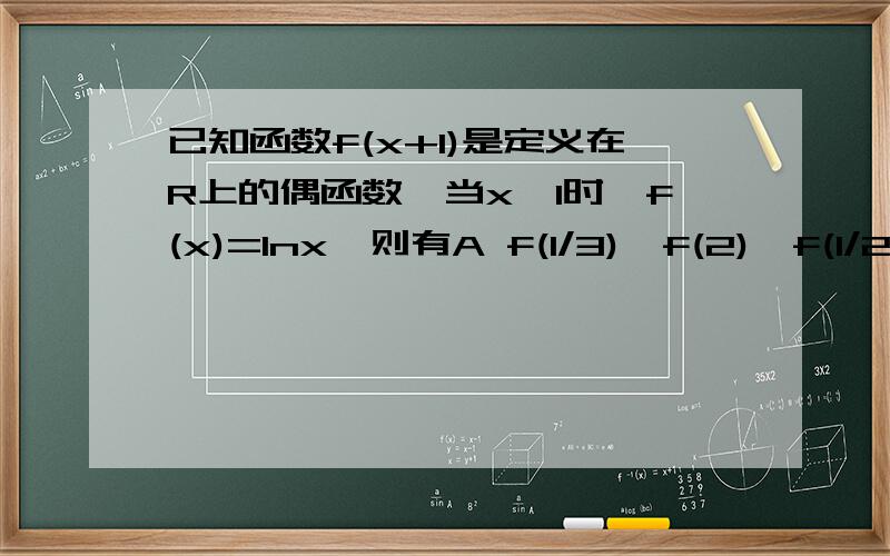 已知函数f(x+1)是定义在R上的偶函数,当x≥1时,f(x)=lnx,则有A f(1/3)＜f(2)＜f(1/2) B f(1/2)＜f(2)＜f(1/3) Cf(1/2)＜f(1/3)＜f(2) Df(2)＜f(1/2)＜f(1/3)