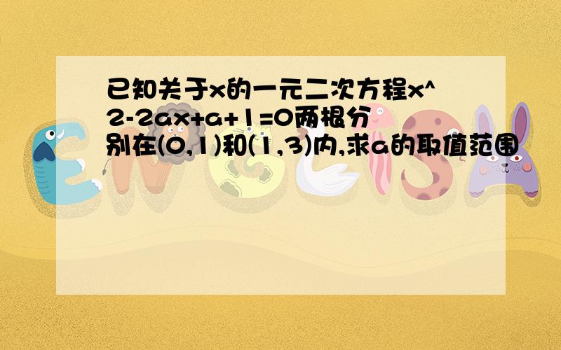 已知关于x的一元二次方程x^2-2ax+a+1=0两根分别在(0,1)和(1,3)内,求a的取值范围