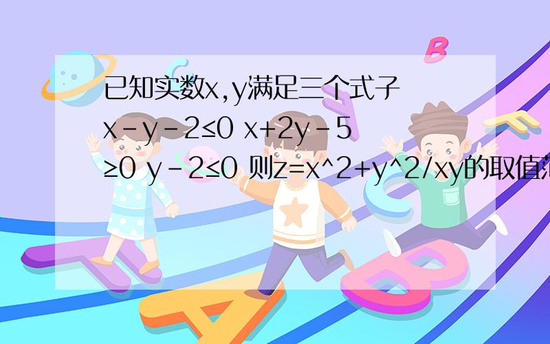 已知实数x,y满足三个式子 x-y-2≤0 x+2y-5≥0 y-2≤0 则z=x^2+y^2/xy的取值范围?能否做出图形?z=（x^2+y^2）/xy