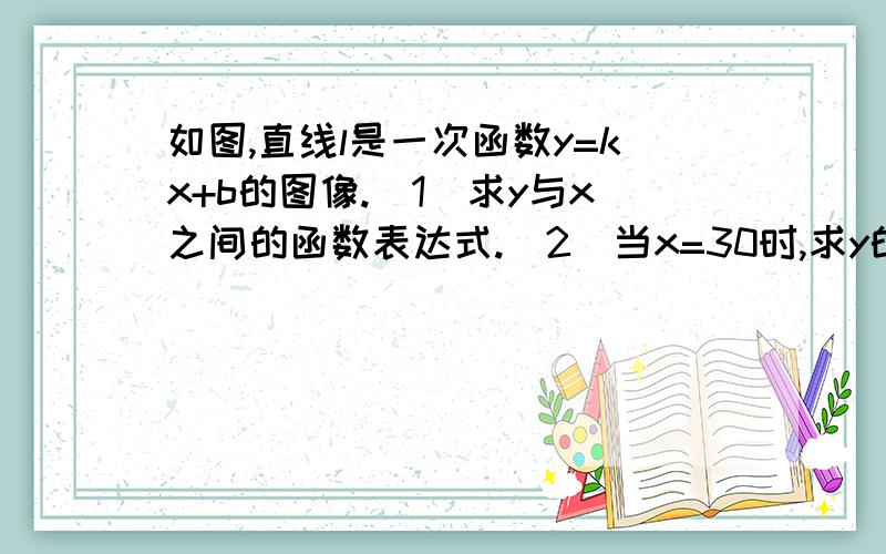 如图,直线l是一次函数y=kx+b的图像.(1)求y与x之间的函数表达式.(2)当x=30时,求y的值.（3）当y=30时,求x的值.5LO3
