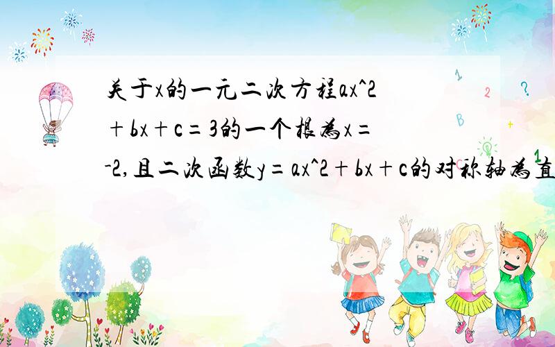 关于x的一元二次方程ax^2+bx+c=3的一个根为x=-2,且二次函数y=ax^2+bx+c的对称轴为直线x=2,这抛物线的顶点坐标为、、额 求根,对称轴是x=2,一个根是-2,另一个根是x=6将2个数带进原方程4a-b+c=336a+6b+c=3