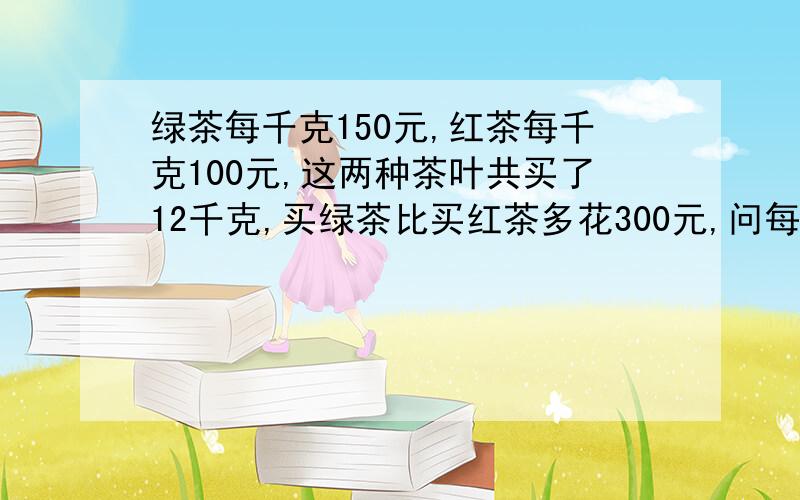 绿茶每千克150元,红茶每千克100元,这两种茶叶共买了12千克,买绿茶比买红茶多花300元,问每种茶叶各买多千克?