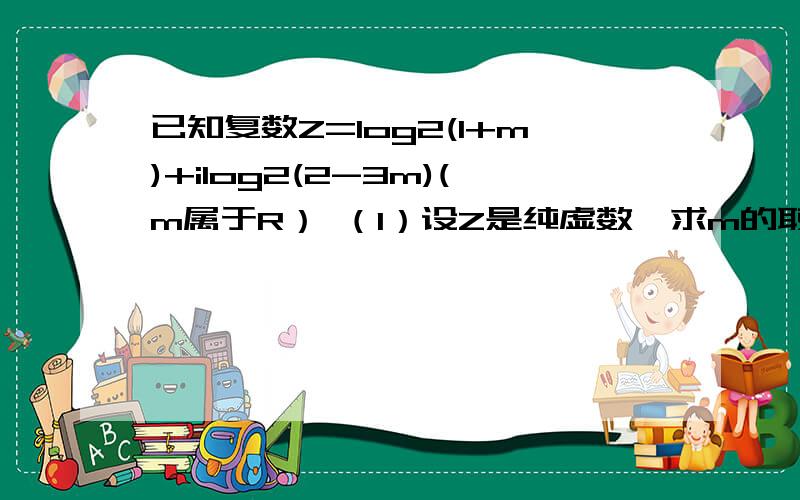 已知复数Z=log2(1+m)+ilog2(2-3m)(m属于R） （1）设Z是纯虚数,求m的取值 （2）若复数Z在复平面内对应点在第4象限,求m取值范围