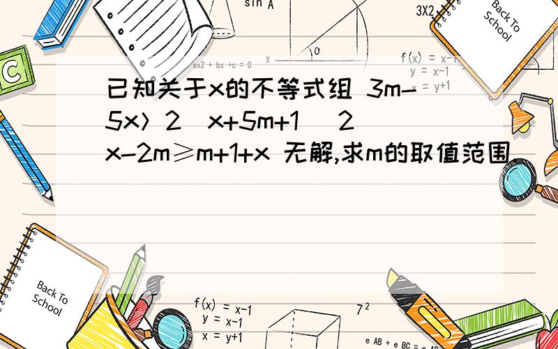 已知关于x的不等式组 3m-5x＞2(x+5m+1) 2x-2m≥m+1+x 无解,求m的取值范围.