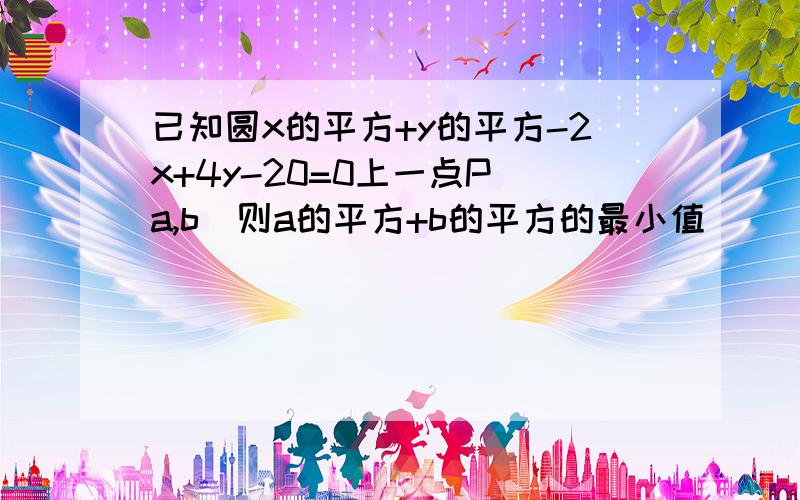 已知圆x的平方+y的平方-2x+4y-20=0上一点P(a,b)则a的平方+b的平方的最小值