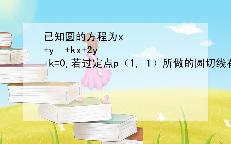 已知圆的方程为x²+y²+kx+2y+k=0,若过定点p（1,-1）所做的圆切线有两条,则k满足的条件是