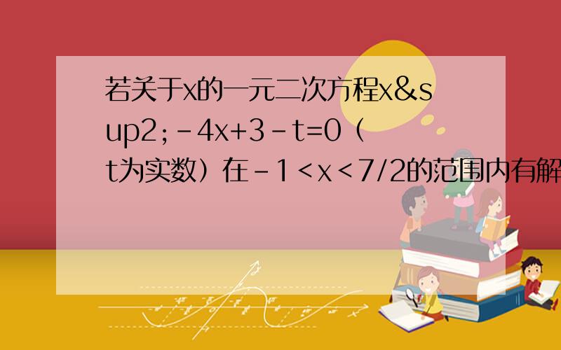 若关于x的一元二次方程x²-4x+3-t=0（t为实数）在-1＜x＜7/2的范围内有解,则t的取值范围?