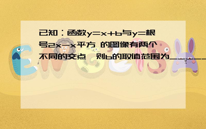 已知：函数y=x+b与y=根号2x-x平方 的图像有两个不同的交点,则b的取值范围为_____答案是（0.根下2-1）