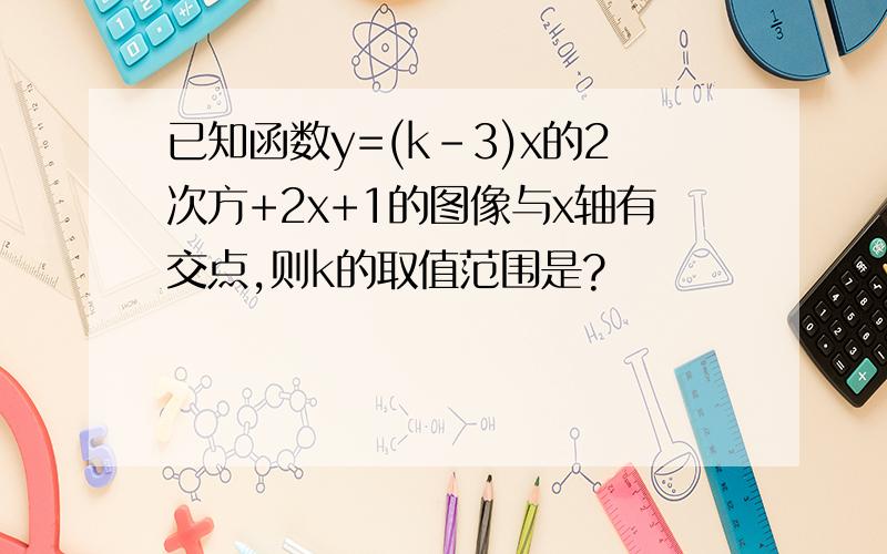 已知函数y=(k-3)x的2次方+2x+1的图像与x轴有交点,则k的取值范围是?