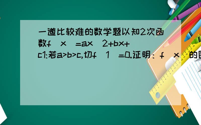 一道比较难的数学题以知2次函数f(x)=ax^2+bx+c1:若a>b>c,切f(1)=0.证明：f(x)的图象与x轴有两个相异交点2：证明,若对x1.x2,切x1