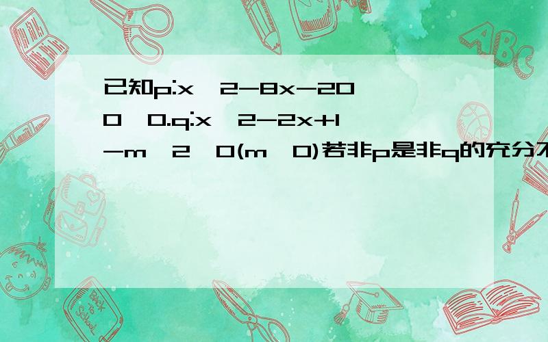 已知p:x^2-8x-20≤0,0.q:x^2-2x+1-m^2≤0(m>0)若非p是非q的充分不必要条件.求m我已经算出非p:x10.非q:x1+m.因为非P是非Q充分条件,所以1-m≥-2且m+1≤10.我想问这步为什么加等号?