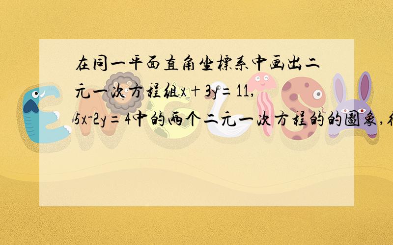 在同一平面直角坐标系中画出二元一次方程组x+3y=11,5x-2y=4中的两个二元一次方程的的图象,得出这个二元一次方程组的解.