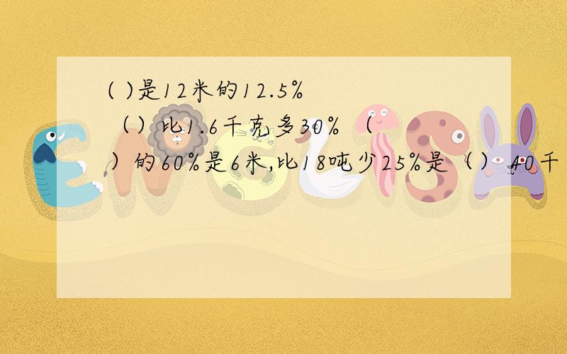 ( )是12米的12.5% （）比1.6千克多30% （）的60%是6米,比18吨少25%是（） 40千克增加15%后是（）