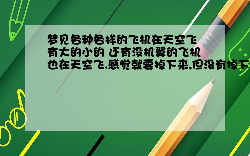 梦见各种各样的飞机在天空飞 有大的小的 还有没机翼的飞机也在天空飞.感觉就要掉下来,但没有掉下.