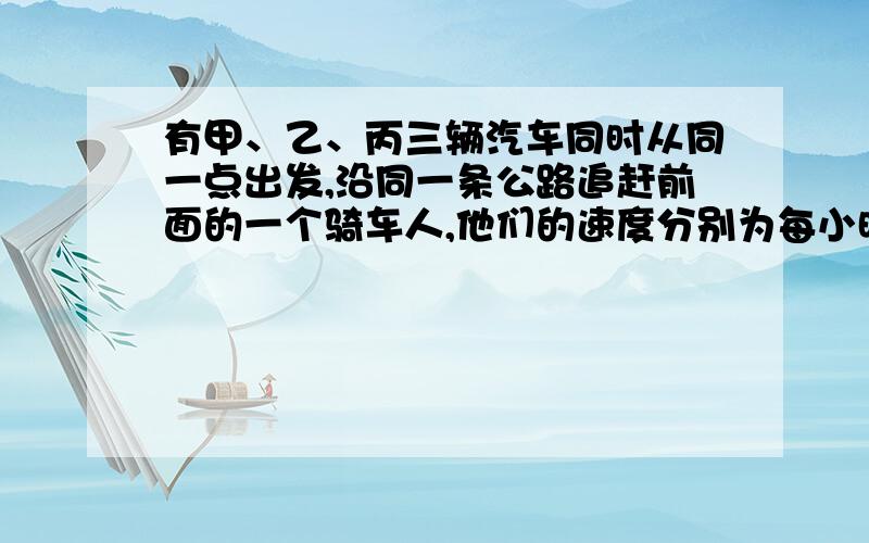 有甲、乙、丙三辆汽车同时从同一点出发,沿同一条公路追赶前面的一个骑车人,他们的速度分别为每小时24千米、每小时20千米、每小时19千米.甲车追上骑车人用了6小时,乙车追上骑车人用了10