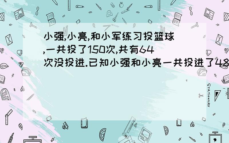 小强,小亮,和小军练习投篮球,一共投了150次,共有64次没投进.已知小强和小亮一共投进了48次,小亮和小军一共投进了69次,小亮投进了多少次?拜托各位网友帮忙解一下!