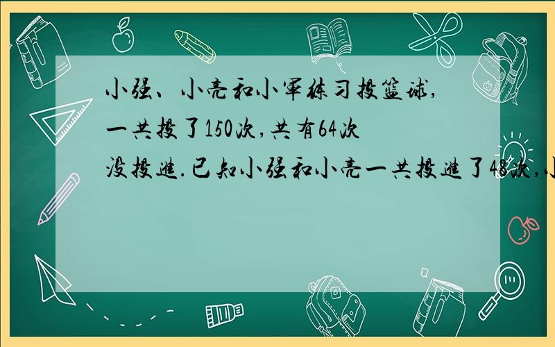 小强、小亮和小军练习投篮球,一共投了150次,共有64次没投进.已知小强和小亮一共投进了48次,小亮和小军一共投进了69次,小亮投进了多少次?