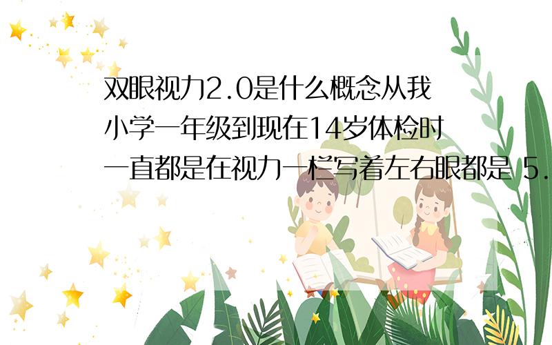 双眼视力2.0是什么概念从我小学一年级到现在14岁体检时一直都是在视力一栏写着左右眼都是 5.3 或者2.0 我也没感觉和其他人有什么差别据说是最高的但是离五米以上还能看清也不是远视近