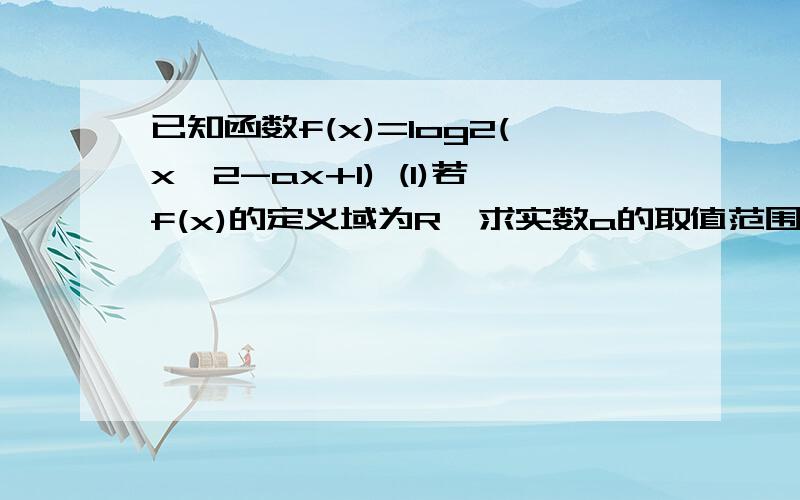 已知函数f(x)=log2(x^2-ax+1) (1)若f(x)的定义域为R,求实数a的取值范围 （2）若f(x)的值域为R,求实数a范围