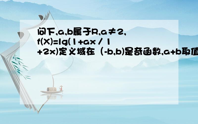 问下,a,b属于R,a≠2,f(X)=lg(1+ax／1+2x)定义域在（-b,b)是奇函数,a+b取值范围?