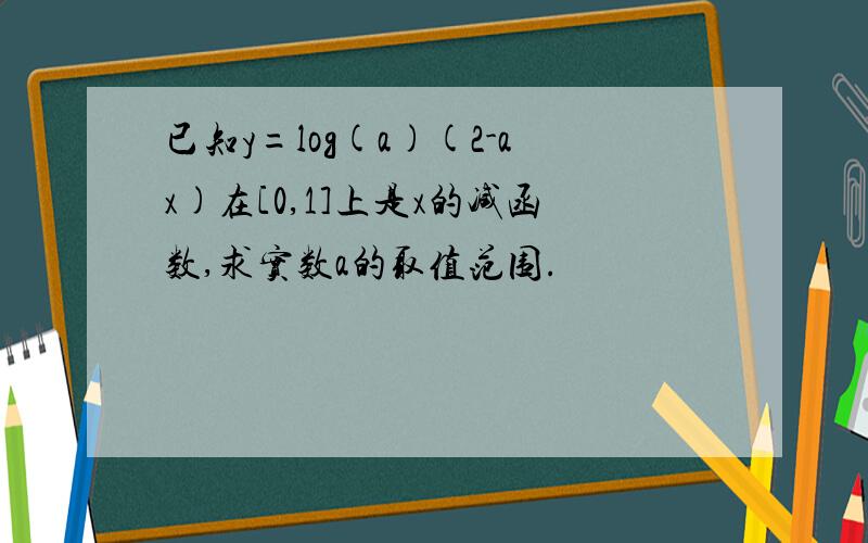 已知y=log(a)(2-ax)在[0,1]上是x的减函数,求实数a的取值范围.