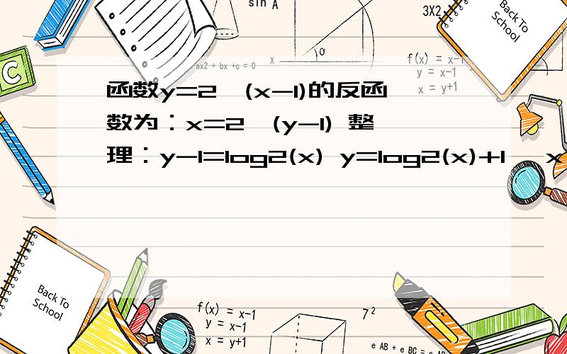 函数y=2^(x-1)的反函数为：x=2^(y-1) 整理：y-1=log2(x) y=log2(x)+1 ｛x>0} 怎么理解