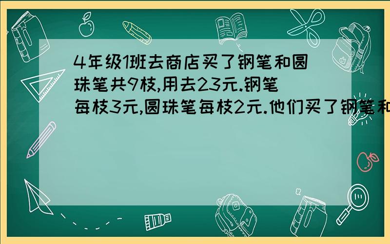 4年级1班去商店买了钢笔和圆珠笔共9枝,用去23元.钢笔每枝3元,圆珠笔每枝2元.他们买了钢笔和圆珠笔各多少枝?第1问：我们可以假设买所有的笔都是圆珠笔,则共用去（）元,而实际用了23元,多