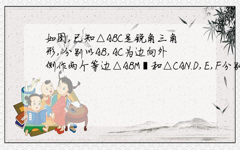 如图,已知△ABC是锐角三角形,分别以AB,AC为边向外侧作两个等边△ABM和△CAN．D,E,F分别是MB,BC,CN