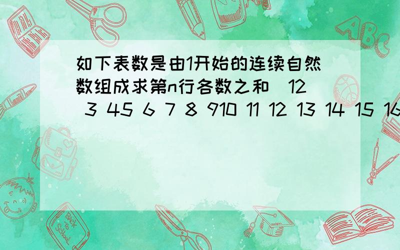 如下表数是由1开始的连续自然数组成求第n行各数之和．12 3 45 6 7 8 910 11 12 13 14 15 1617 18 19 20 21 22 23 2425 26 27 28 29 30 31 32 33 34 35 36……………………