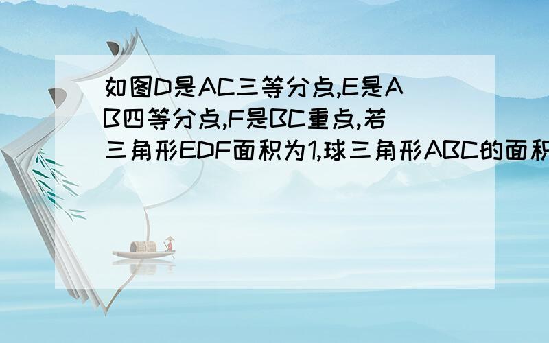 如图D是AC三等分点,E是AB四等分点,F是BC重点,若三角形EDF面积为1,球三角形ABC的面积都是横线,不是虚线F左边是B.这个应用题是同高法.