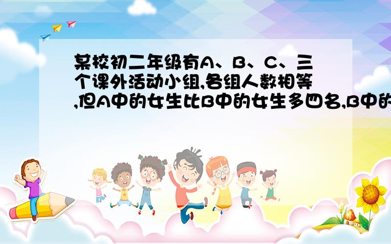 某校初二年级有A、B、C、三个课外活动小组,各组人数相等,但A中的女生比B中的女生多四名,B中的女生比C中的女生多一名,如果从A调十人去B中,再从B调十人去C中,最后从C调十人回A中,结果各组