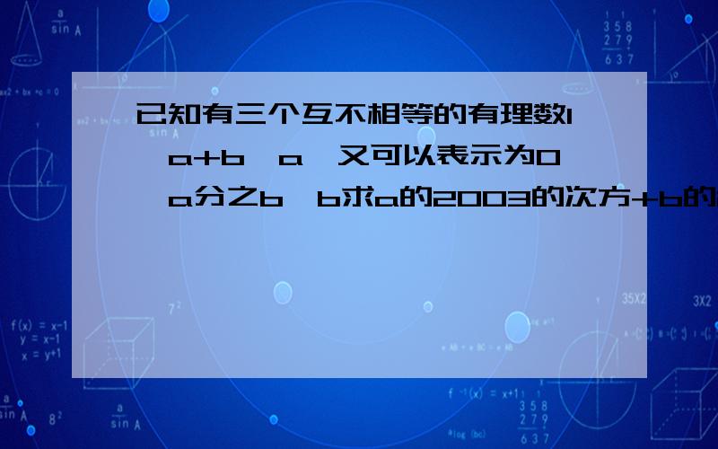 已知有三个互不相等的有理数1、a+b、a,又可以表示为0、a分之b,b求a的2003的次方+b的2004的次方的值