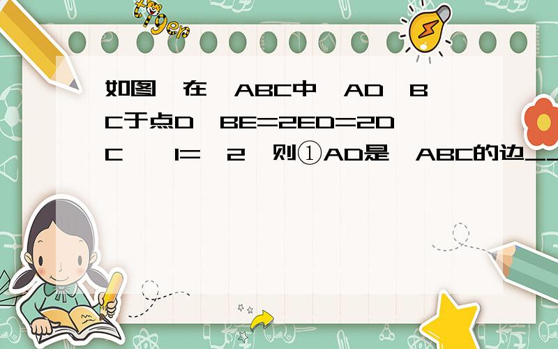 如图,在△ABC中,AD⊥BC于点D,BE=2ED=2DC,∠1=∠2,则①AD是△ABC的边____上的高,也是____的边BD上的高,还是△ABE的边____上的高；②AD既是____的边_____上的中线,又是边____上的高,还是____的平分线.