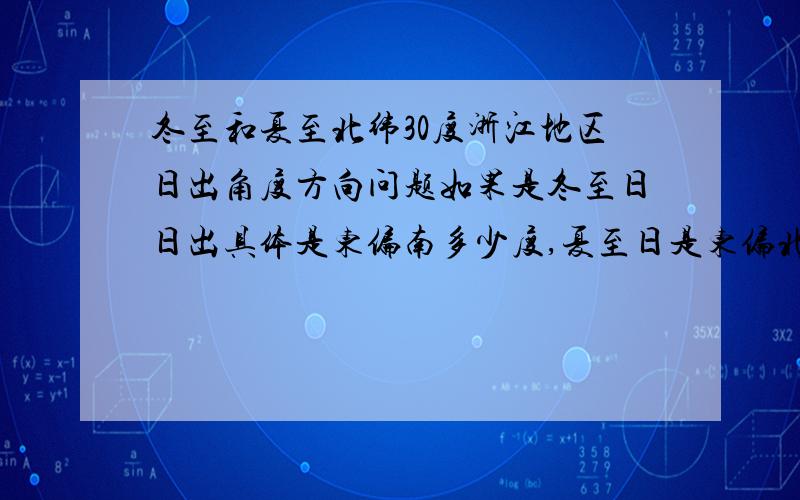 冬至和夏至北纬30度浙江地区日出角度方向问题如果是冬至日日出具体是东偏南多少度,夏至日是东偏北具体多少度?,春分和秋分日出都是正东方.