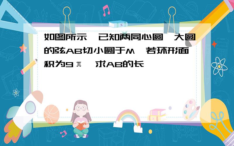 如图所示,已知两同心圆,大圆的弦AB切小圆于M,若环形面积为9π,求AB的长